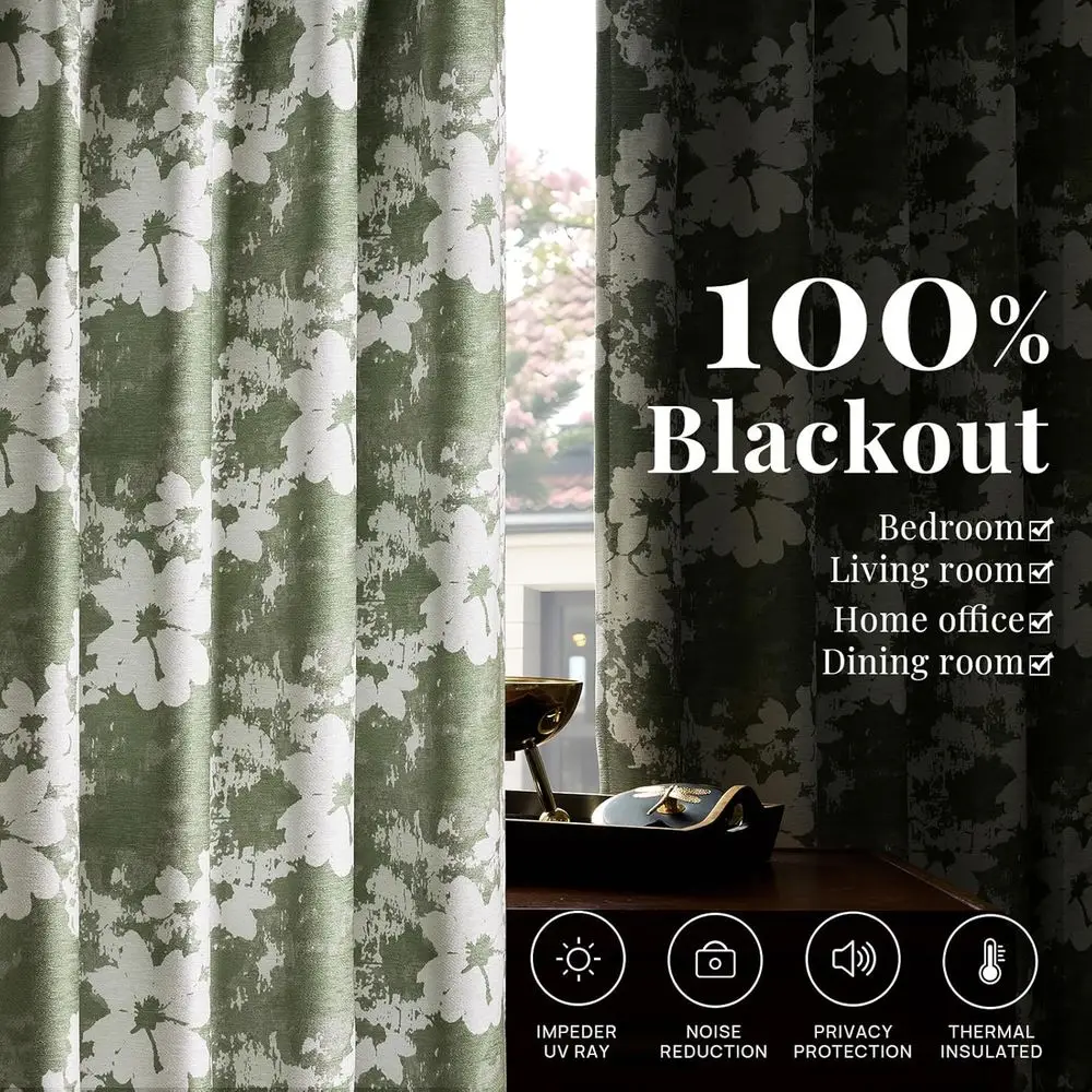 Verdunkelungsvorhänge mit Vintage-Blumenmuster, 100 % Blockout, 2 Paneele, 84 dicke Chenille, wärmeisoliert, für Wohnzimmer und Schlafzimmer