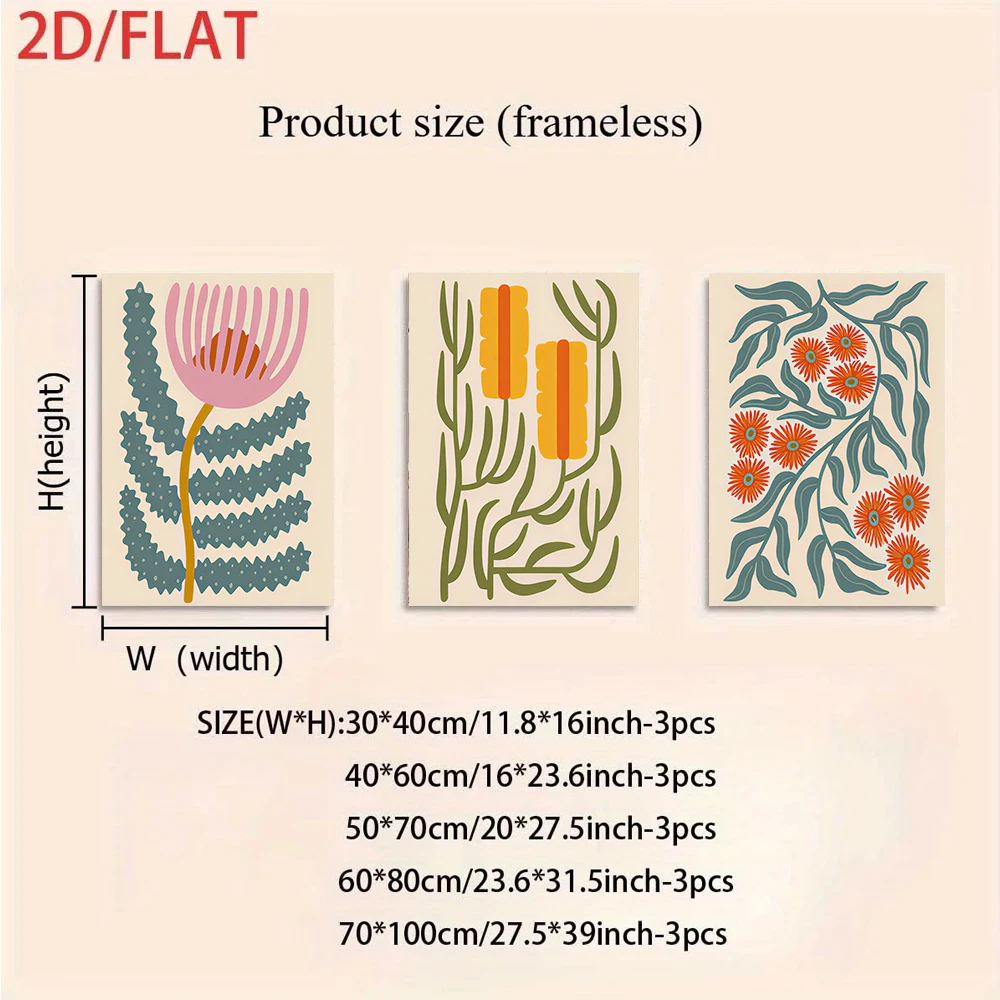 1 set of three-panel botanical paintings, modern minimalist frameless paintings, abstract floral decorations, 2D flat design.