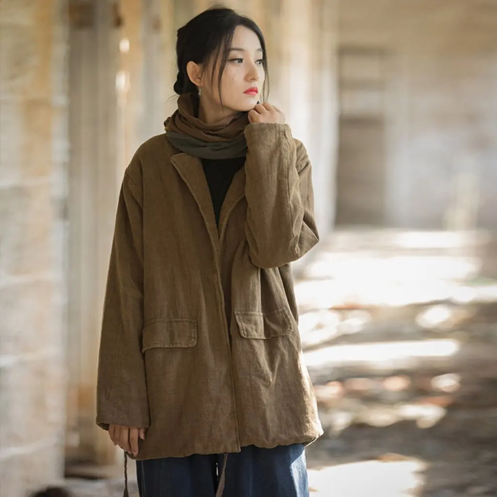 

Winter Women's Cotton Jacket Coat Quilted Thickened Ramie Distressed Design Lace-Up New Style Clothing for Ladies