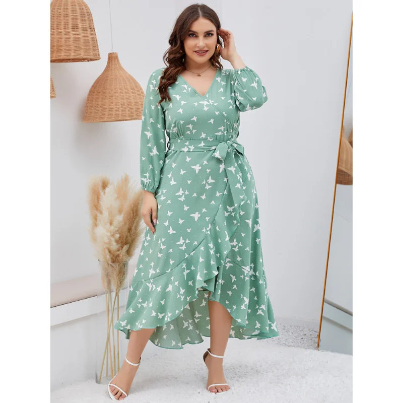 4XL 5XL Elegant Printed Lantern Plus Size Dress Women Dresses Sexy Boho Beach Casual Slim Party Ruffle Midi Dress Lady Vestidos