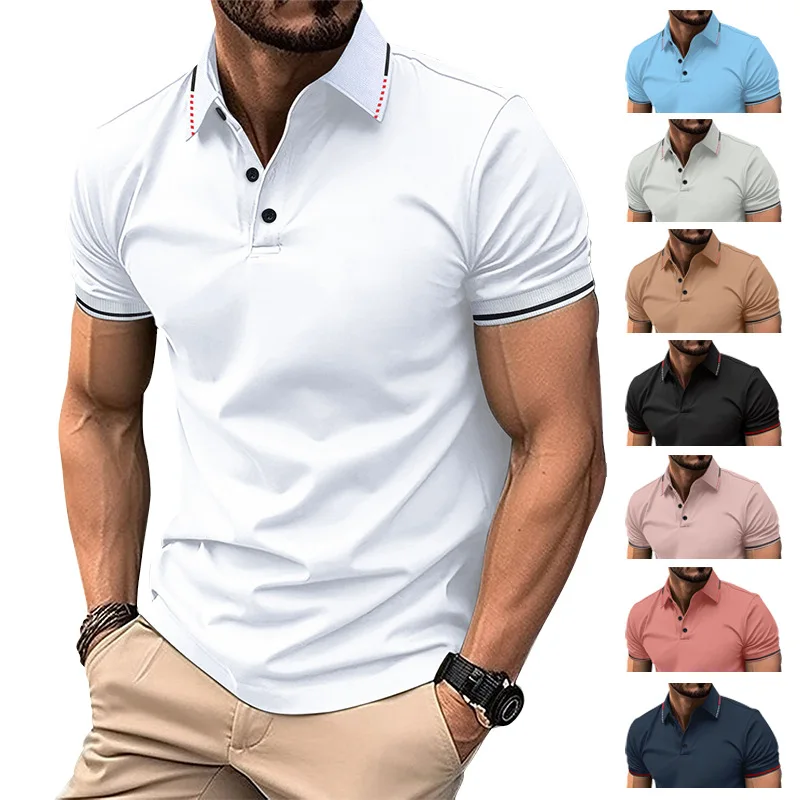 GZMS-Men's Casual Polo Shirt, Rib Lapel Fashion, Button Business Shirt, Pure Color, All-Match, New