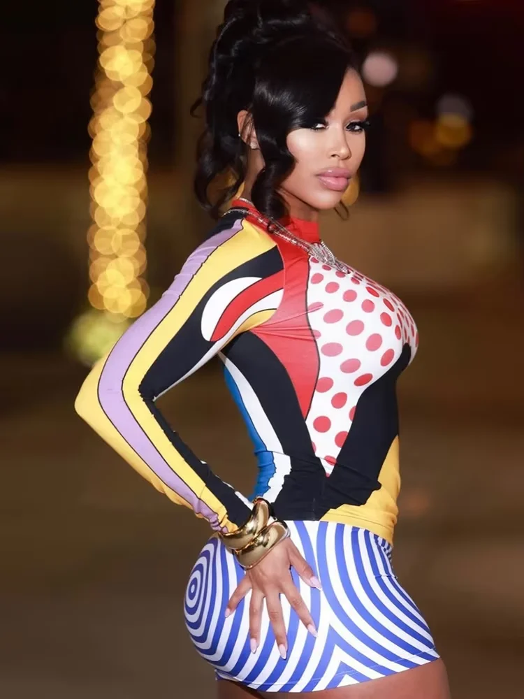 

Woman o-Neck Colorful Patchwork 2 Piece Set Full Sleeve Skinny Stretch T-Shirts+Sexy Wrap Hip Mini Skirts Fashion Clubwear