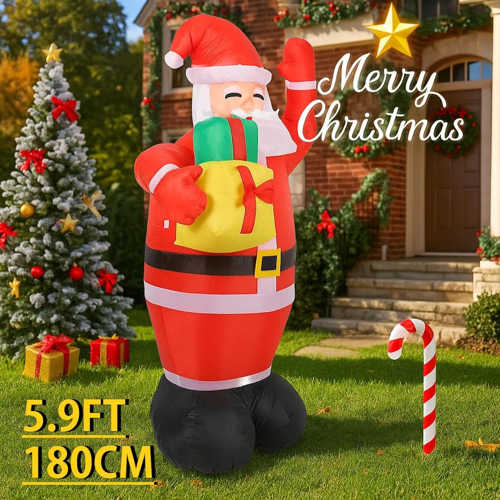 5.9FT Inflatable Toy Santa Claus Gift with LED Lit Festive Christmas Gifts Xmas Yard Lawn Party Decor Christmas Decorations