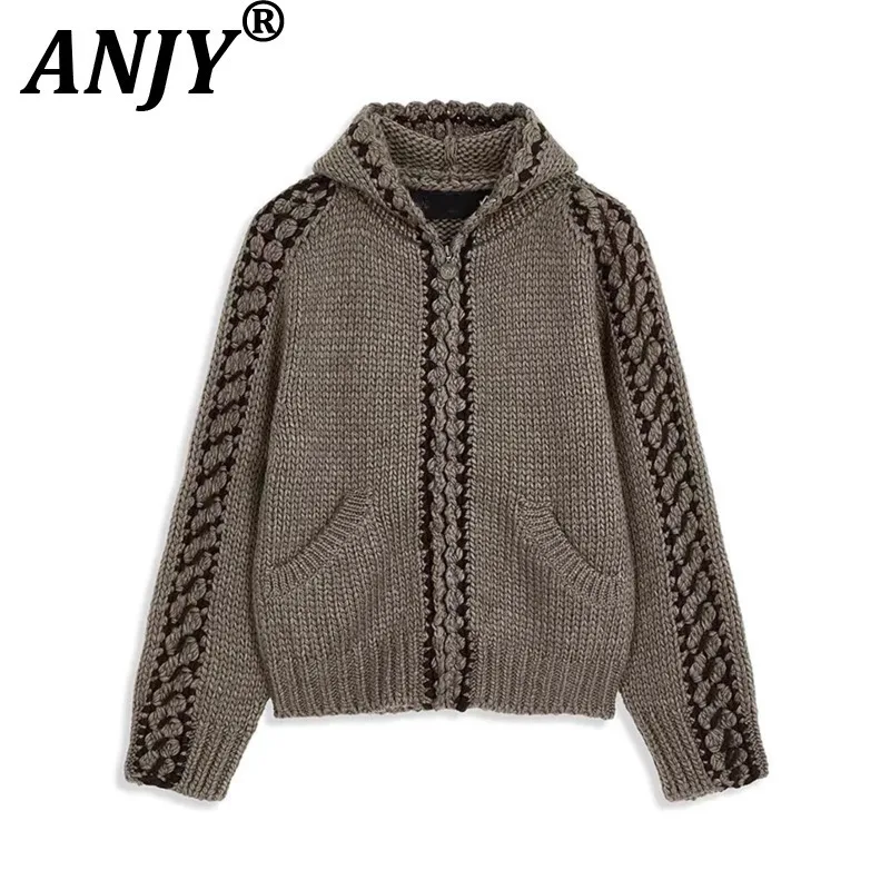 

ANJY Early Autumn New Women Trend Casual Patchwork Hooded Knit Sweater Fashion Sweet Fresh Zipper Chic Ins Versatile Coat A12149