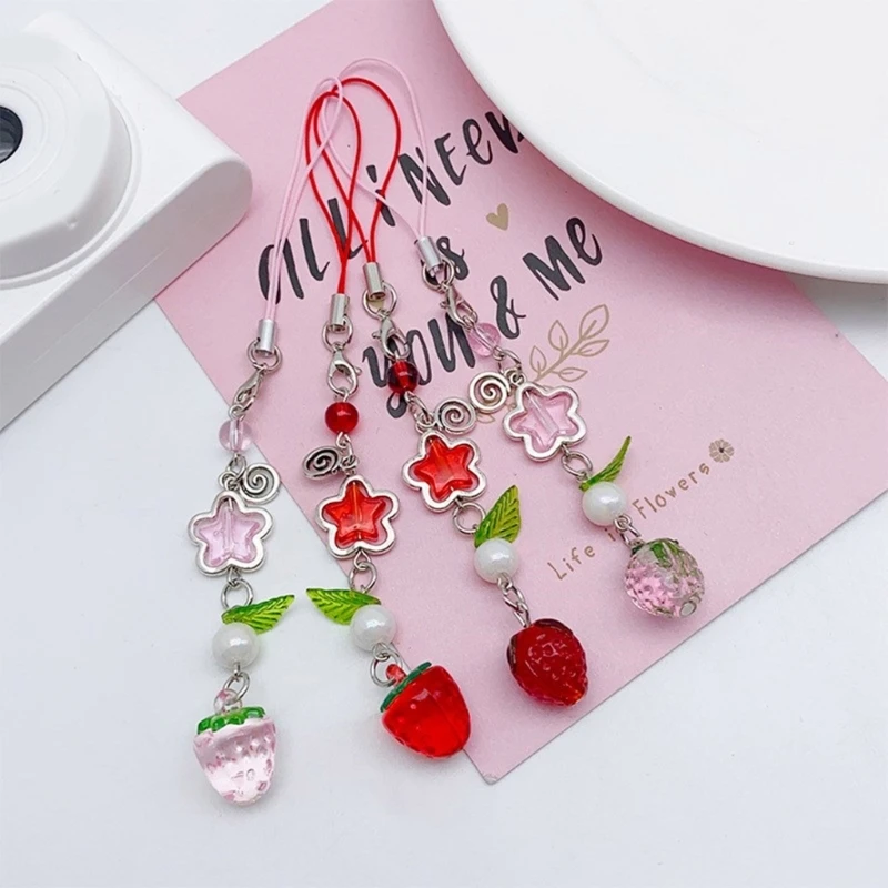 Sweet Strawberry Bead Phone Charm Straps Car Key Hangings Pendants Fashion Bag Decoration Lanyard Purse Accessories