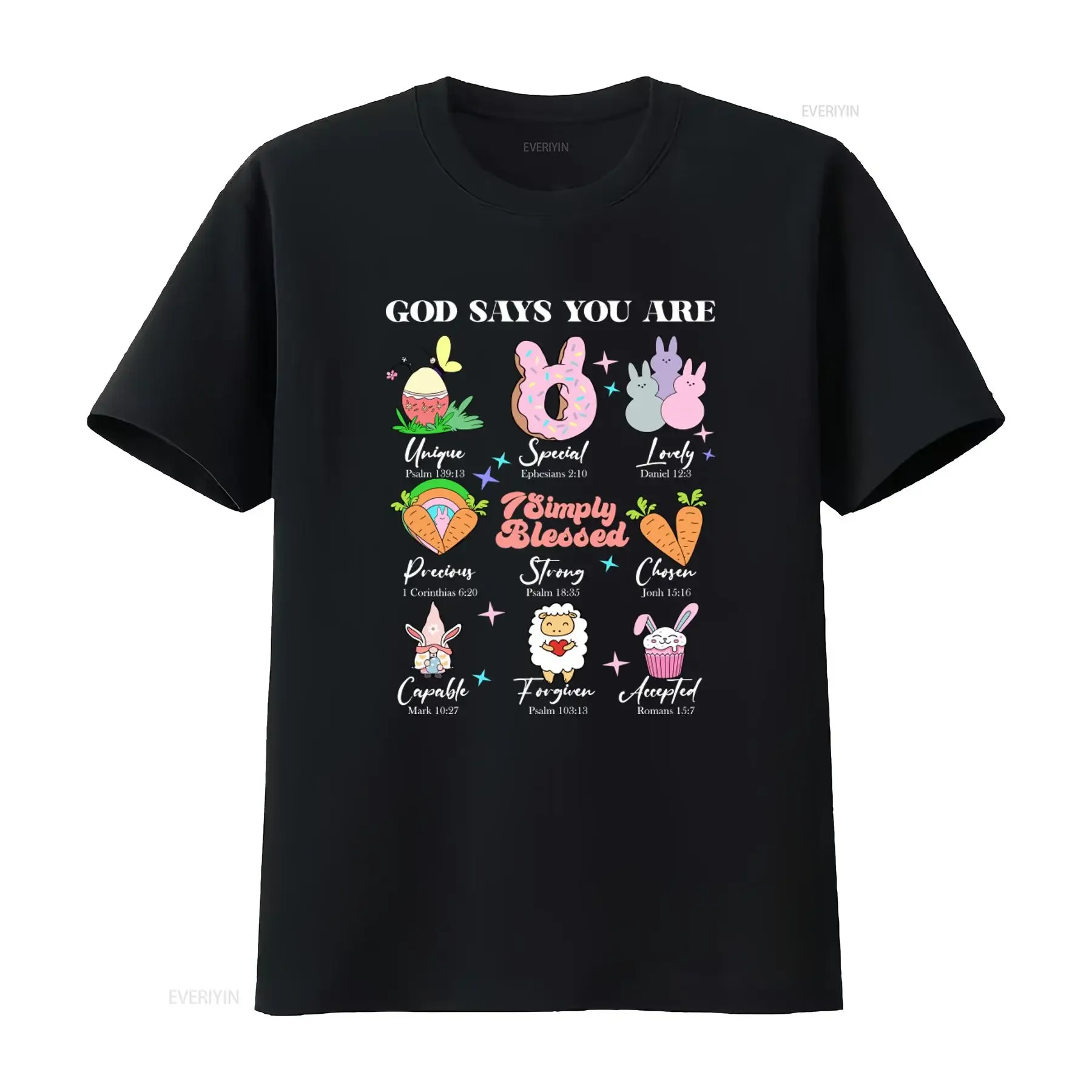 God Says You Are Simply Blessed T Shirt Christian Easter Jesus Bible Verse Cute Bunny Carrot Cupcake Print vintage Washed homme