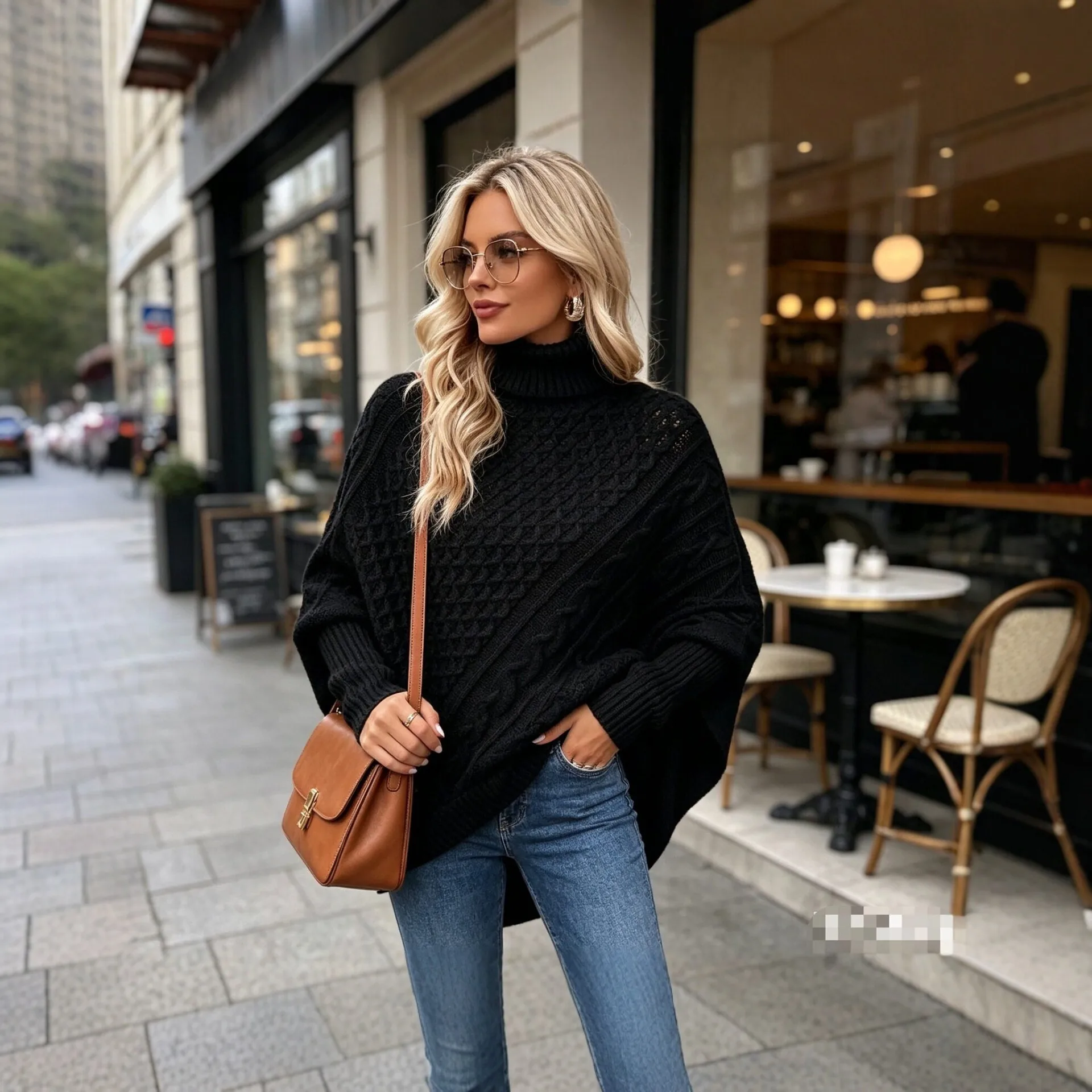 Ladies' Diagonal Texture Knitted Open Angle Sweater With High Neck And Irregular Hem, Oversized Autumn Warmth And Fashion Jumper 3