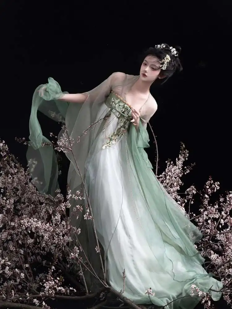 Hanfu Female Women Tang System Petal Sleeves Piaopian Skirt Thin Cloak Cos Cosplay Green Petal Top Shirt Draped In Silk Cloak