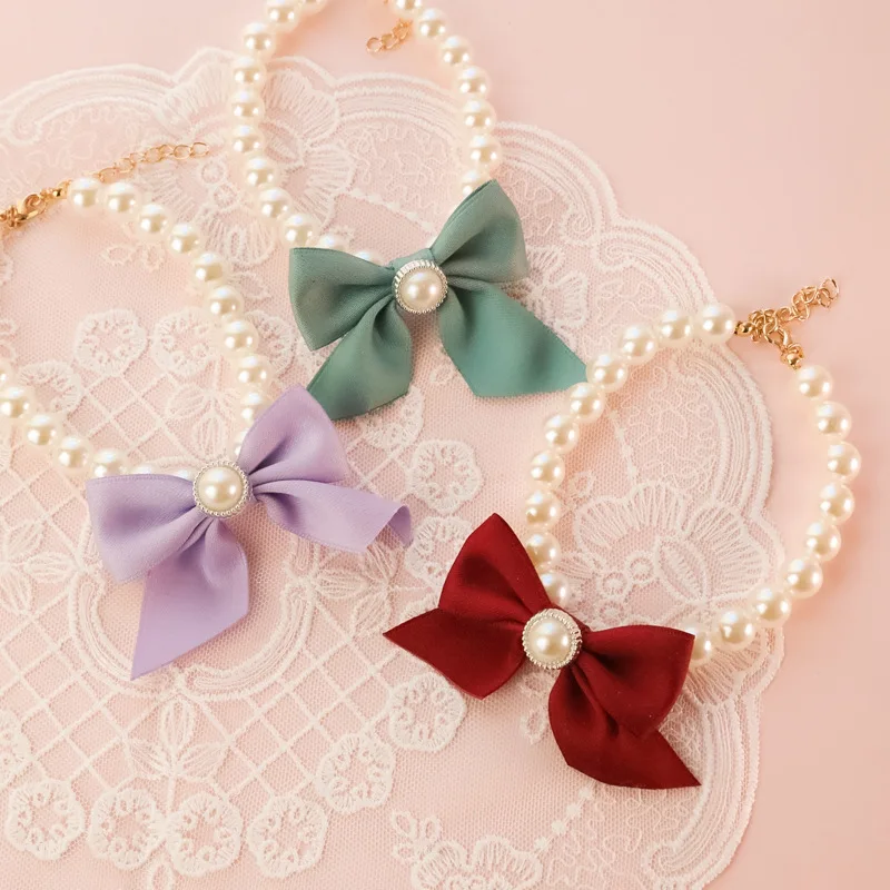 Pet Pearl Bow Necklace Dog Collar Little Cat Dog Bell Necklace Vintage Jewelry Pearl Lady Bow Dog Collar Cat Accessories