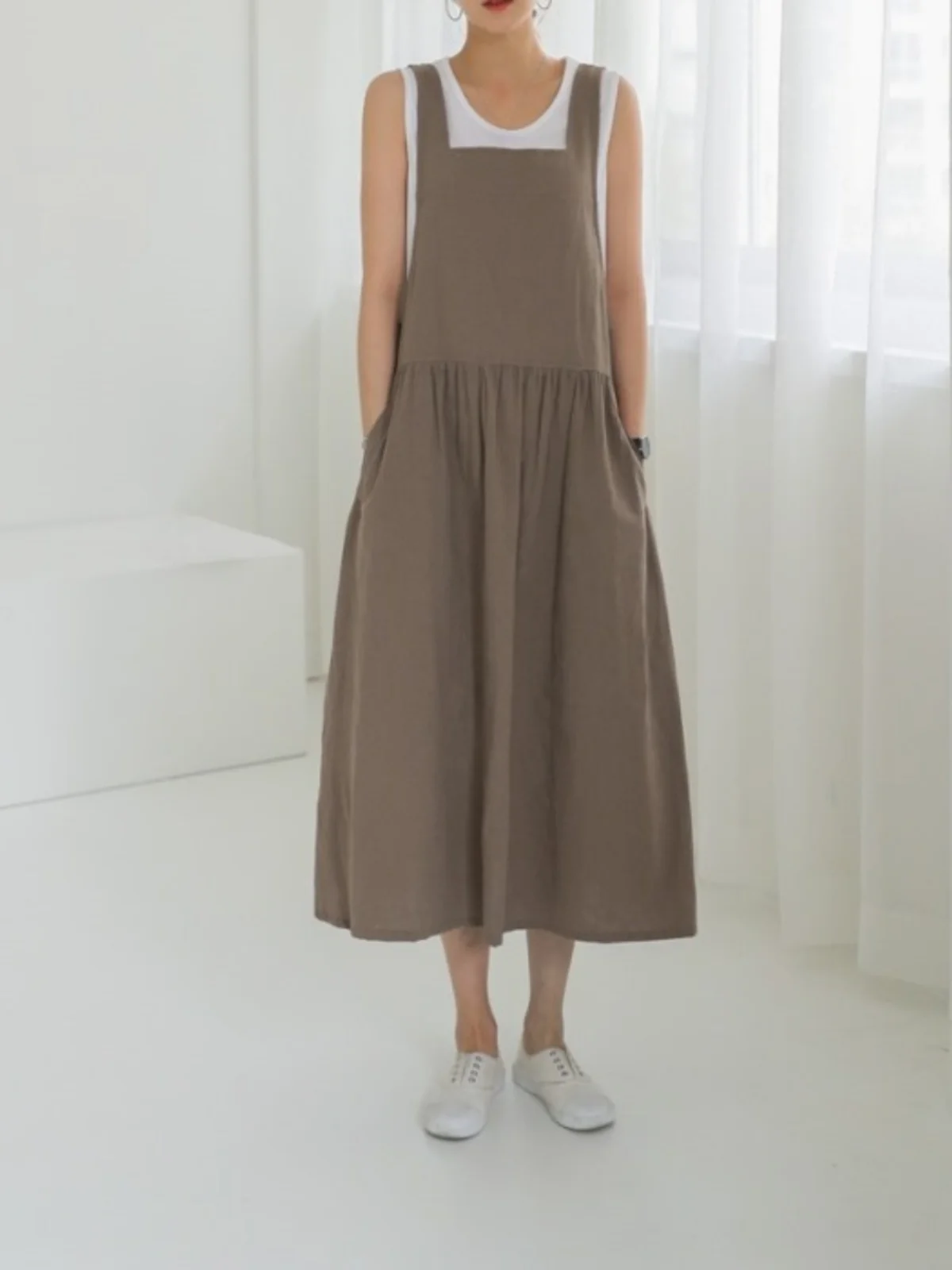 

Casual Cotton Linen Student Dress Sleeveless Washed Cotton Fabric Halter Skirt for Women Big Size Vest Dress Sweet Style