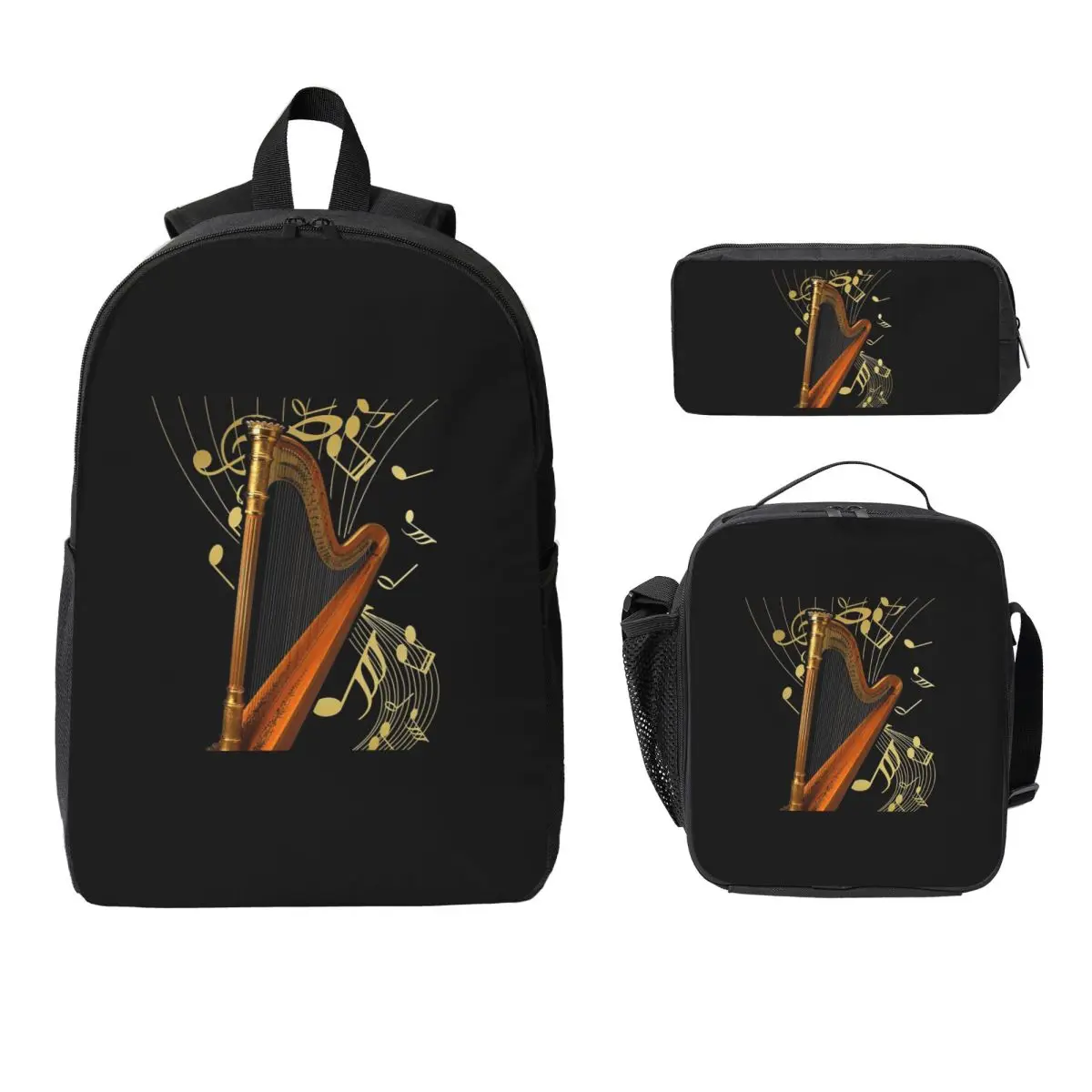 

Harp And Music Note Art Backpack Student BookBag School Bag Laptop Shoulder Bags 3ps Insulated Lunch Bag Pencil Case