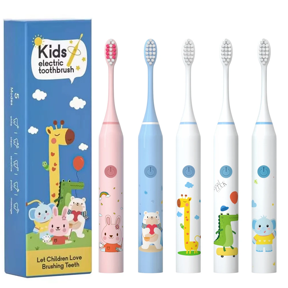 Children Electric Toothbrush Rechargeable 5 Mode Sonic Toothbrush for Kids Waterproof with 4/6/8 Replacement Heads Smart Timer
