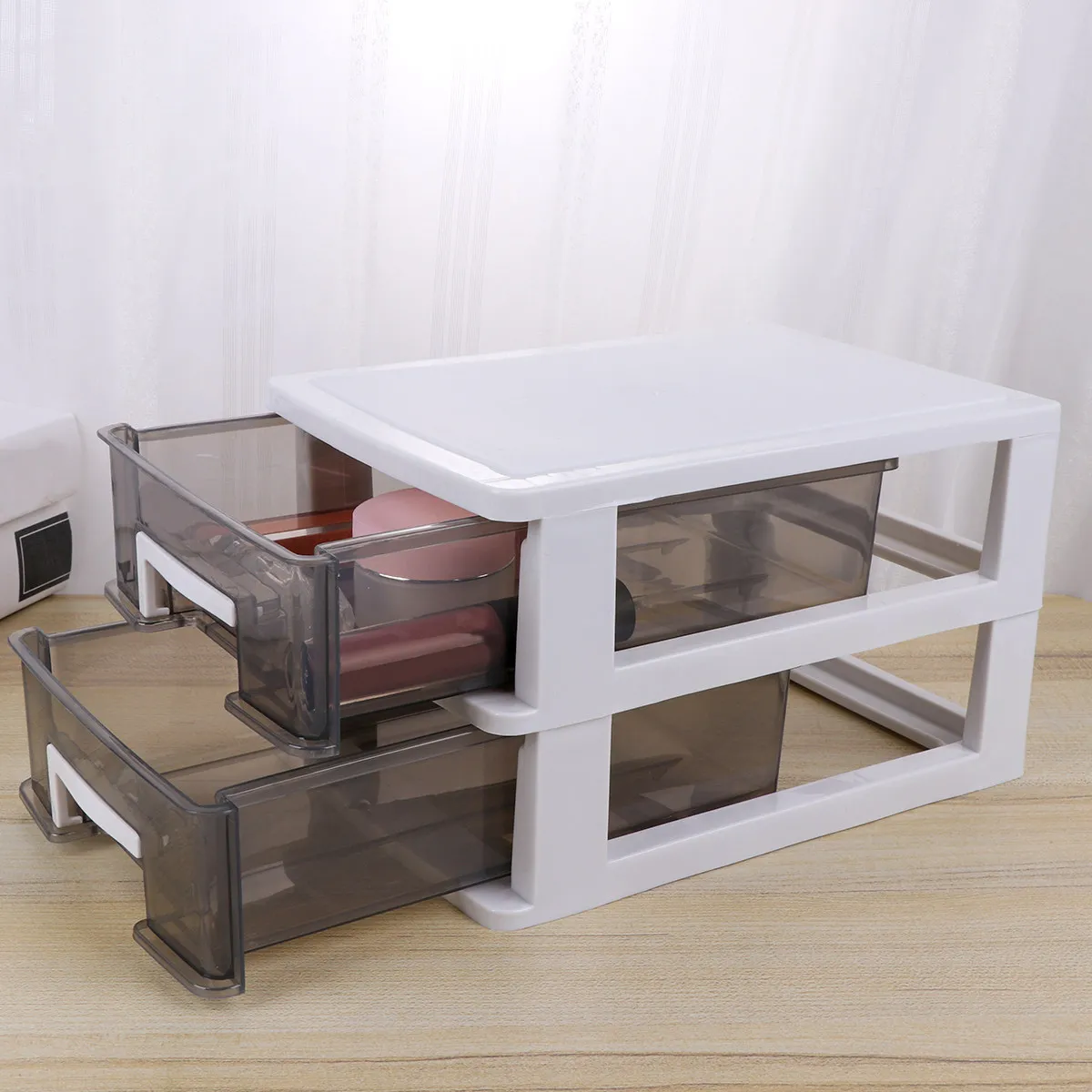 2-Layer Transparent Plastic Storage Box – Compact Desktop Organizer for Jewelry, Cosmetics, Glasses & Small Items