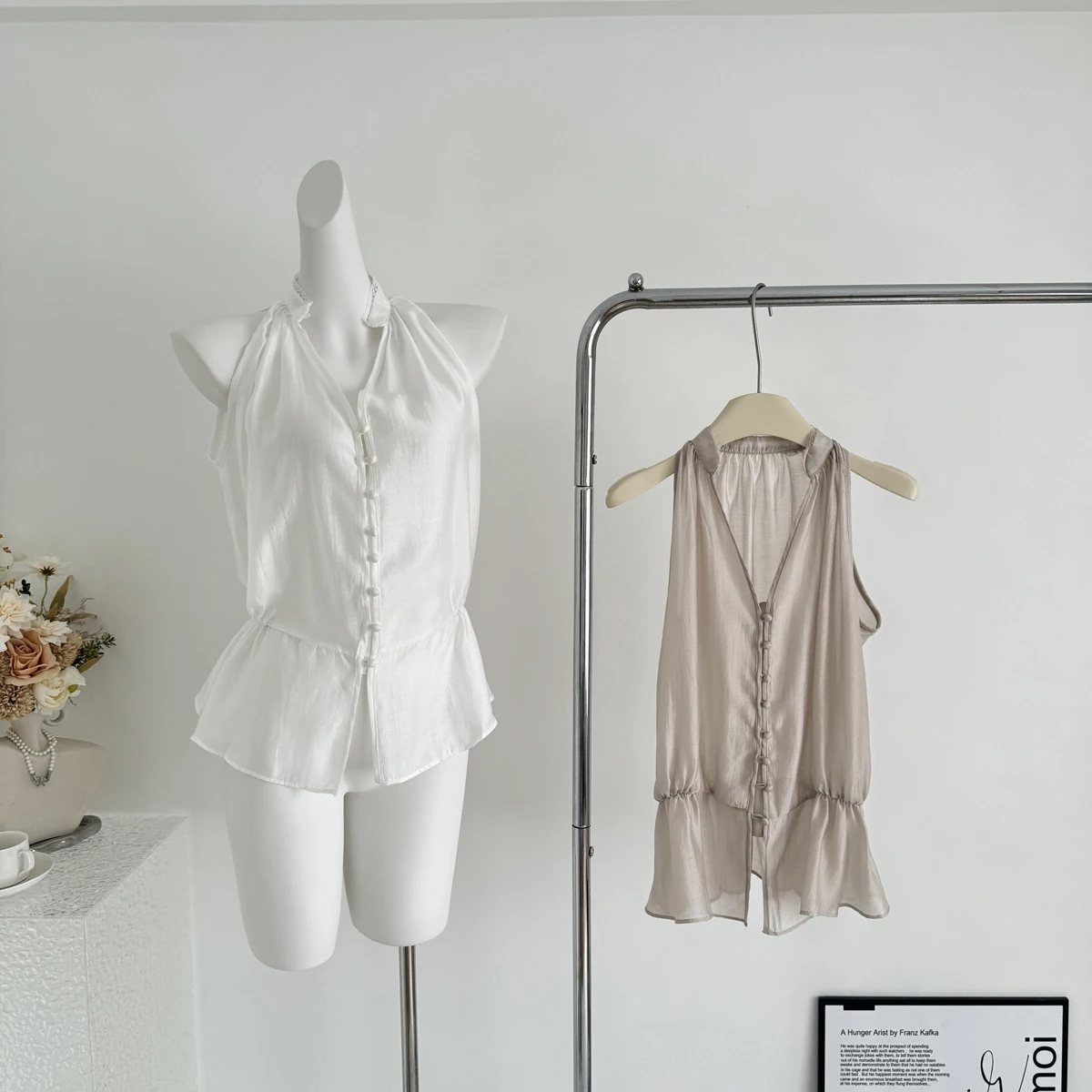 Acetate Lyocell Sleeveless Mid-Sleeve Shirt for Women Sash Seven-Foot Sleeve Woman Open Shirt Shirring V-neck Splicing Button