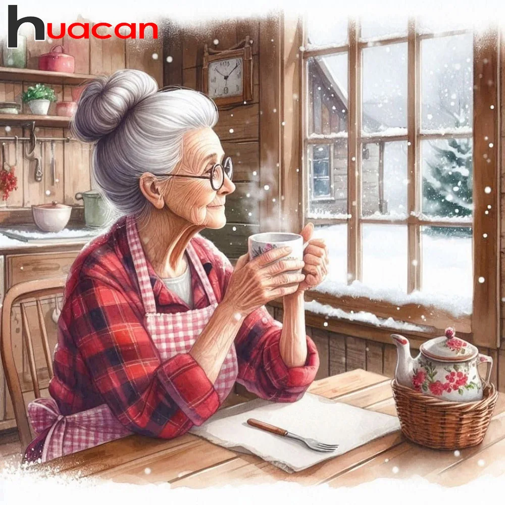 Huacan Winterlandschaft Diamantmalerei Guandma Porträt 5D DIY Vollbohrer Mosaikkunst Strassbilder Set Neu eingetroffen