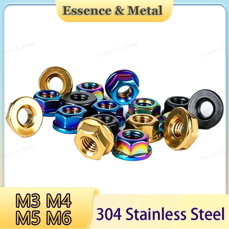 304 Stainless Steel Color Flange Nut PVD Vacuum Coating Flange Nut M3 M4 M5 M6 Suitable for Motorcycle and Bicycle Modification