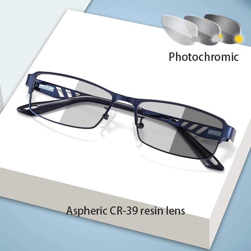 Metallrahmen, quadratische photochrome Myopie-Brille für Herren, fertige Korrektionsbrille für kurzsichtige Menschen, farbwechselnde Sonnenbrille