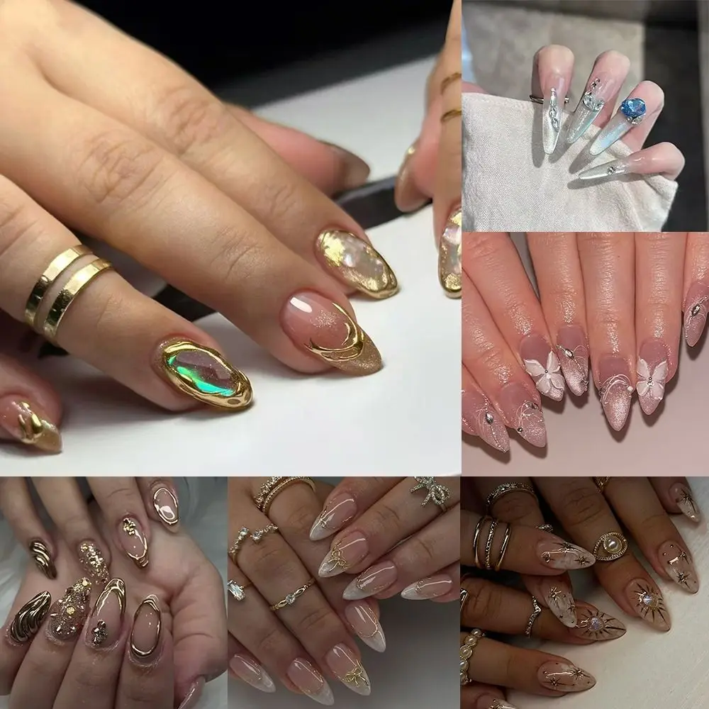 24개 롱 아몬드 인조 손톱 크리스탈 하트 화이트 플라워 프렌치 가짜 손톱 반짝이는 스타버스트 골드 리본 탈부착 가능한 손톱 팁 여성용