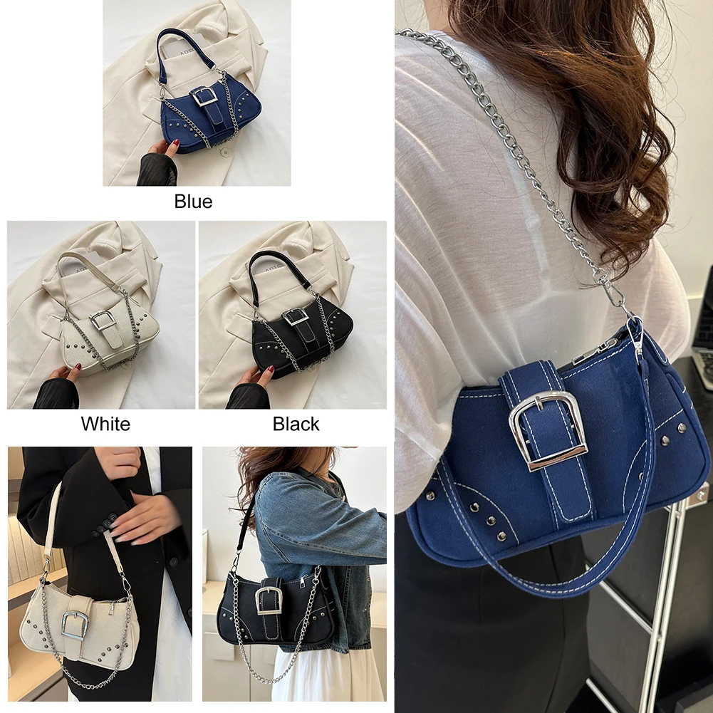 

Women Fashion Underarm Bag Y2K Rivet Tote Purse Canvas Luxury Shoulder Bags Zipper Closure Versatile Dating Bag