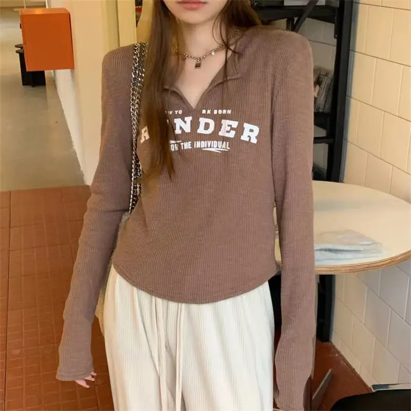 Y2K Long Sleeve Printing Short T Shirts Spring Autumn New Thin Plus Size Solid Color Fashion Tops Casual Korean Women Clothing