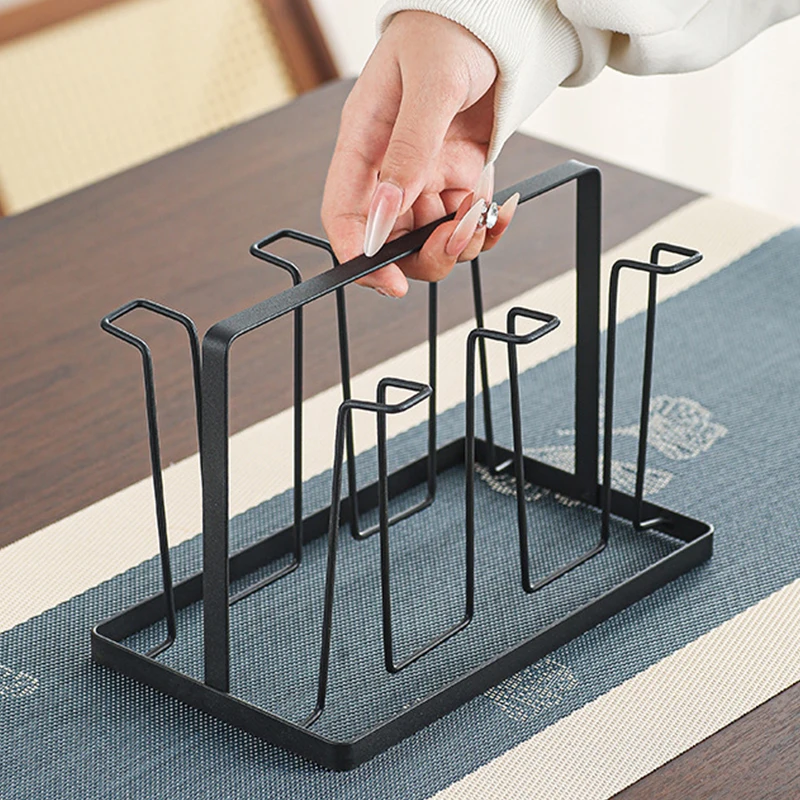 

Black Metal Cup Drying Rack with 6 Hooks Vertical Glass Bottle Holder Coffee Mug And Bottle Drying Stand