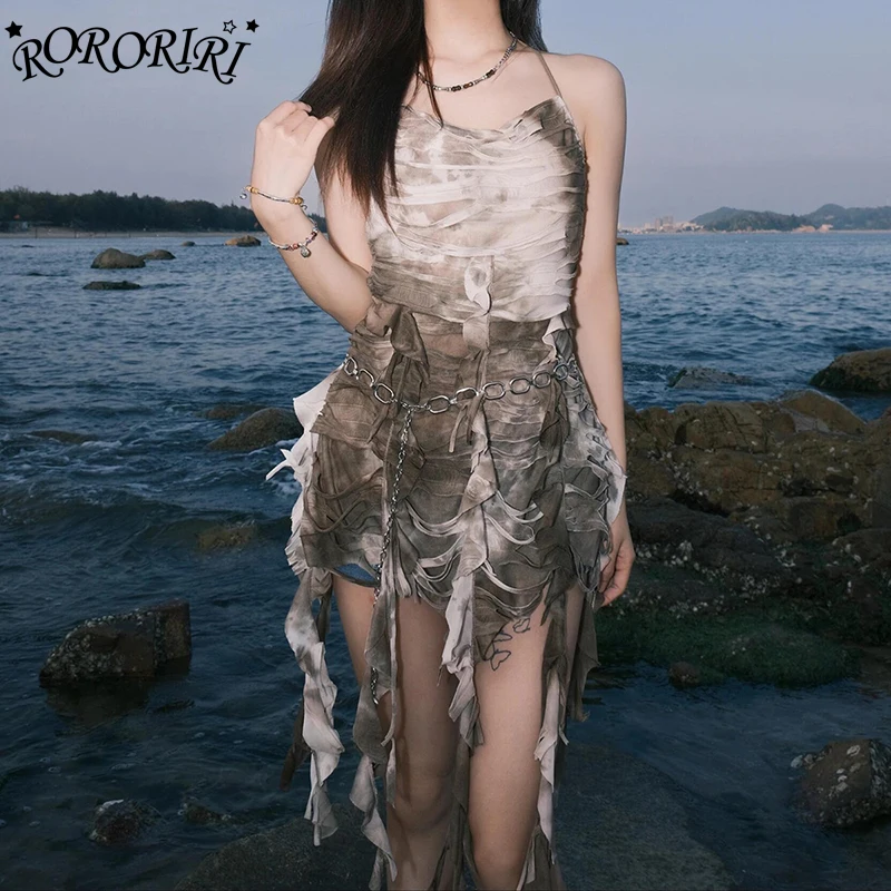 

RORORIRI Open Back Bandage Halter Top Women Ruffle Hem Tie Dye Ripped Sleeveless Sling Vest Sexy Summer Music Festival Outfit