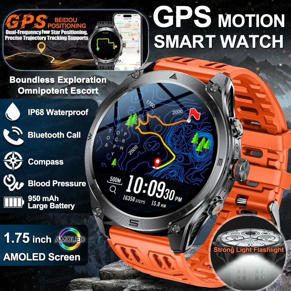 

New Dual-Frequency GPS Smart Watch Outdoor Altimeter Barometer 1.75-inch AMOLED Screen & Compass Military Sports Smart Watch Man