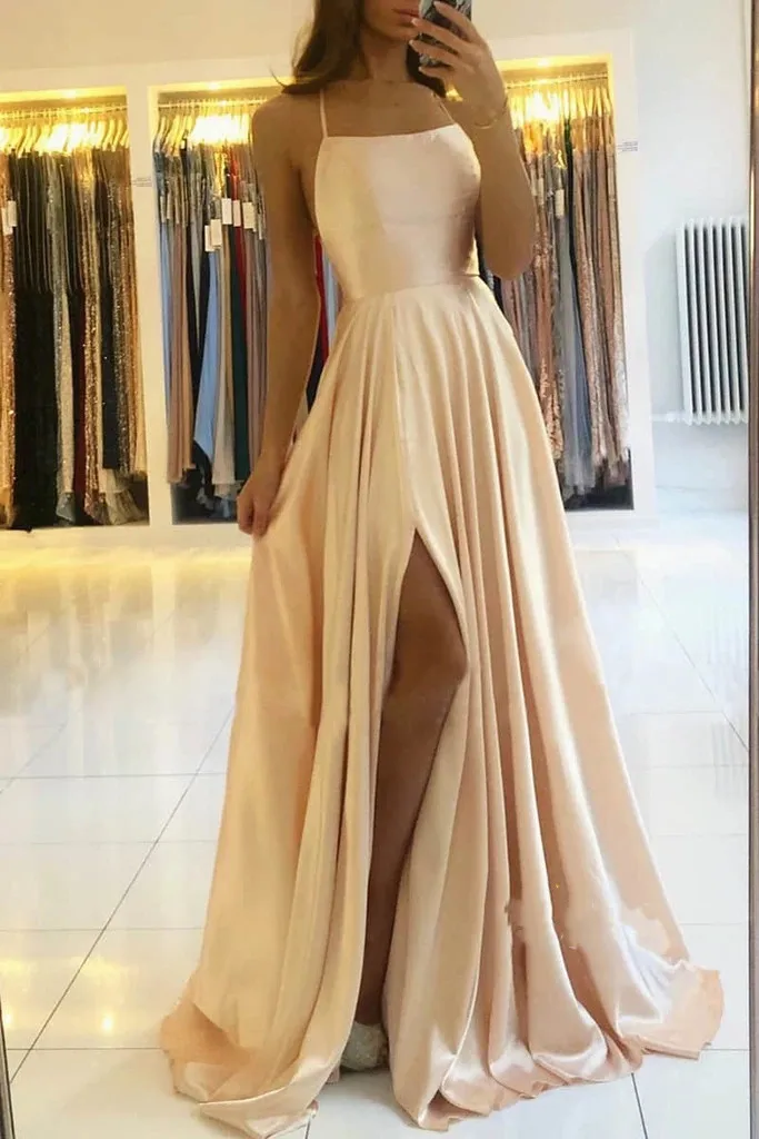 

Customized Evening Dress Khaki Satin Sgaphetti Straps Lace up Floor-Length Slit A-Line Plus size Women Formal Party Gown H780