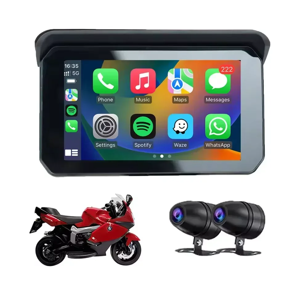 Portable Wireless 5 inch Motorbike Outdoor GPS Navigation Motorcycle CarPlay With 2 Channels 1080P DVR camera