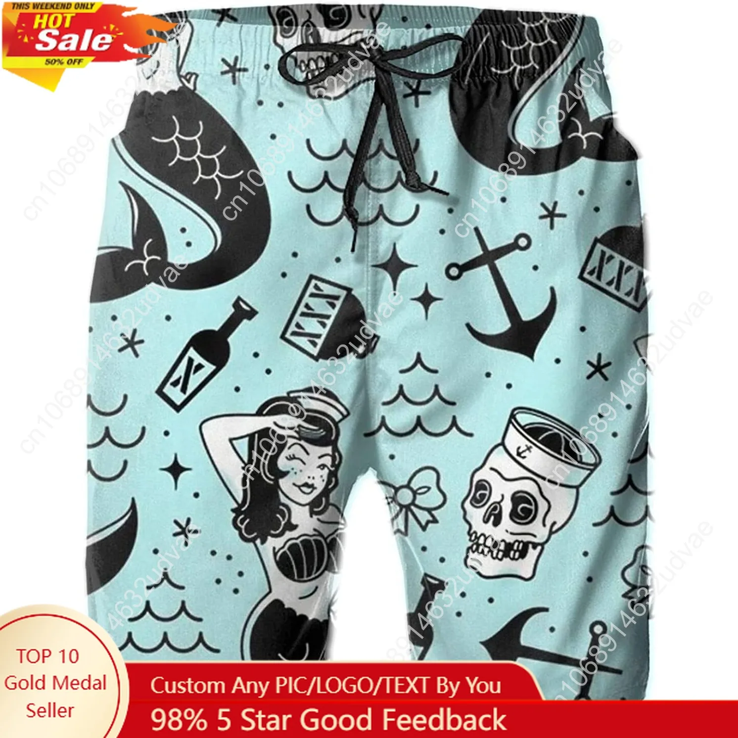 

SARA NELL Mens Mermaid and Skull Swim Trunks Board Shorts Beach Swimwear Bathing Suit with Mesh Lined and Pockets