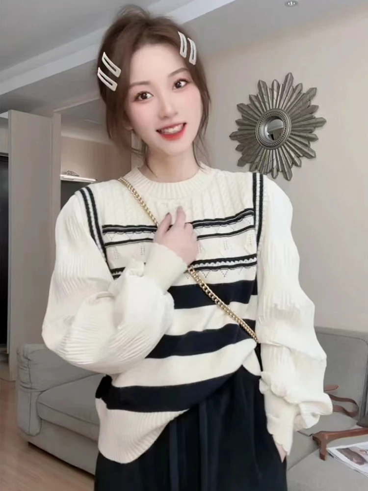 

Women's Knitted Stripe Sweater Spring 2024 New Design Lantern Sve Top Warmth Comfortable Loose Fit round Ne Long Sve