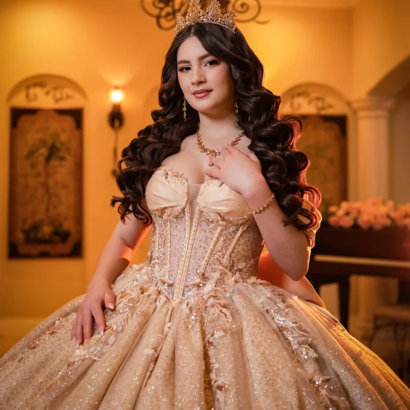 

Shiny Champagne Gold Quinceanera Dress off-shoulder Glitter Crystal Decal Long tail Bow vestidos de 15 Quinceanera ﻿Customize