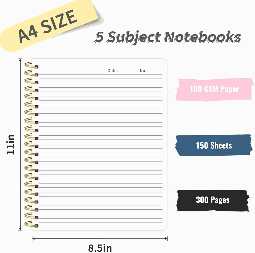 A4 Hardcover Spiral Notebook, 300 Pages College Ruled, 5 Subjects with Dividers, 8.5x11 Inches, 100GSM Thick Paper for Work & School