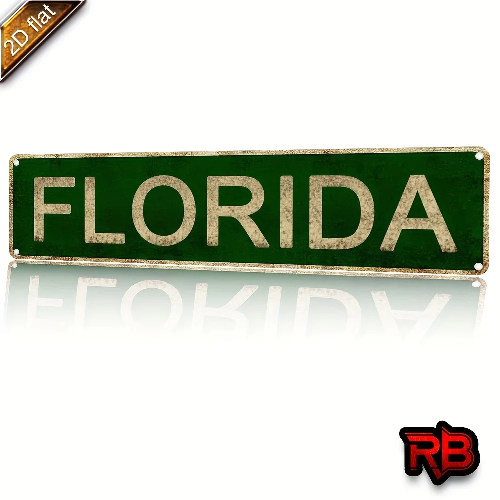 2D Flat - Vintage Florida License Plate Design - Rustic Green & White Aluminum Wall Decor, 16x4 Inches, UV Printed, Perfect
