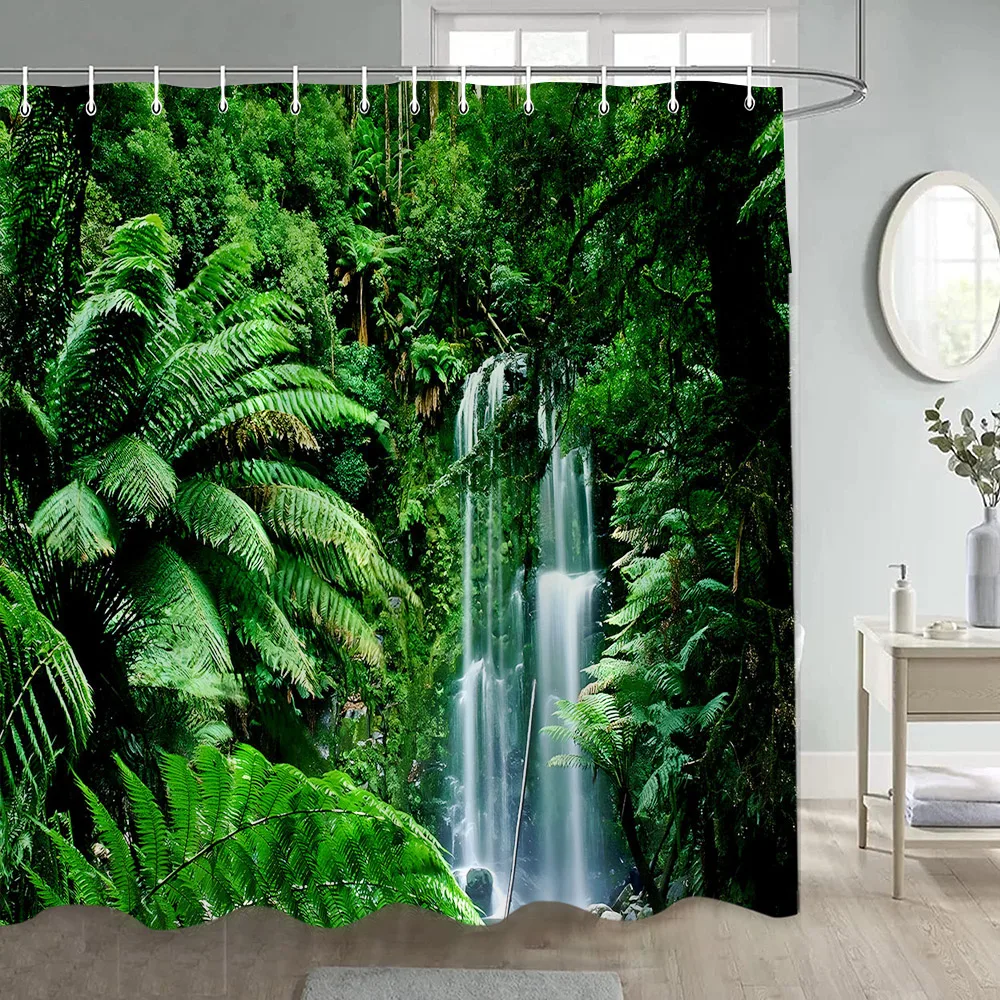 Forest Shower Curtains Sunshine Green Trees Plants Brown Window Nature Landscape Polyester Bathroom Curtain Set Decor with Hooks