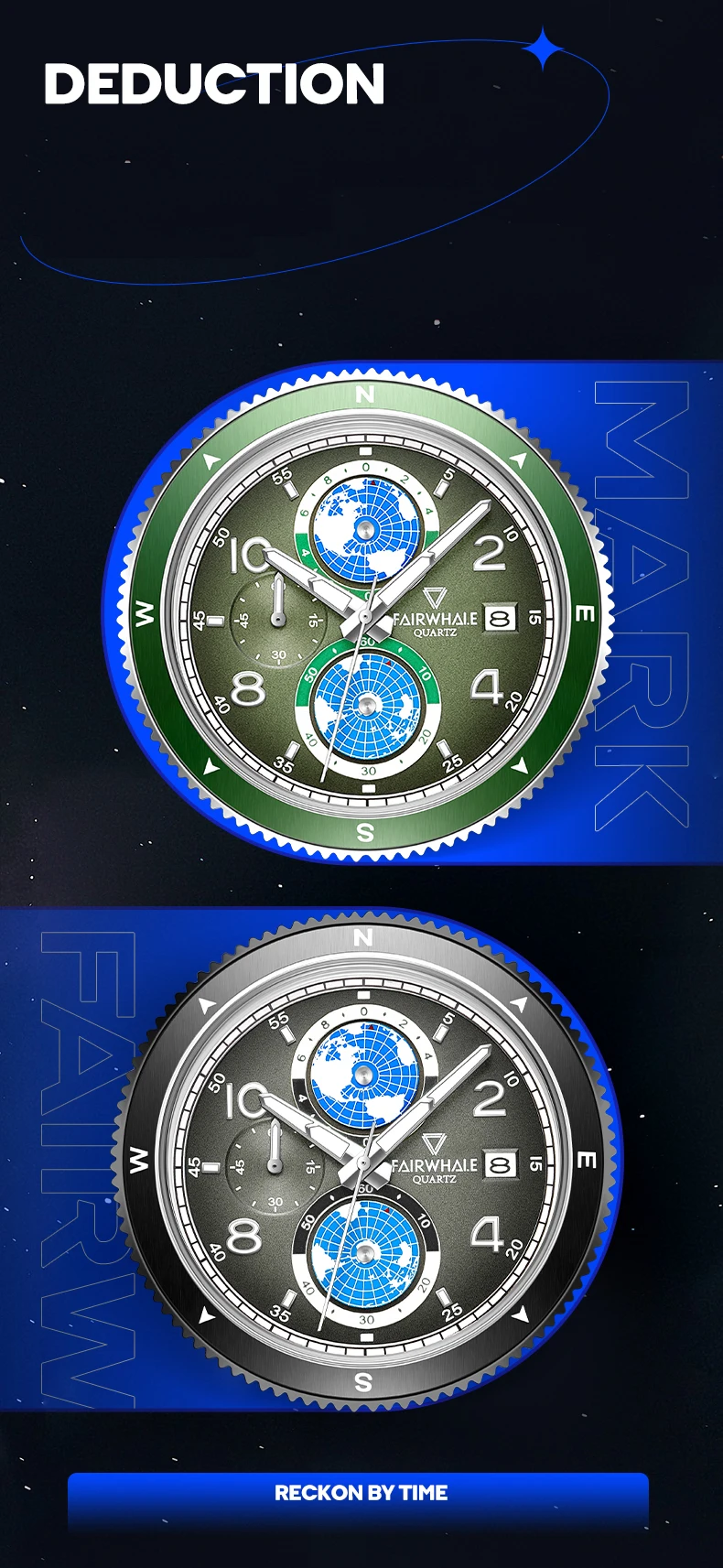 ساعة مارك فيرويل للرجال كرونوغراف 43.5 ملم ساعات عصرية كوارتز ساعة يد رياضية مضيئة ثلاثية النوافذ