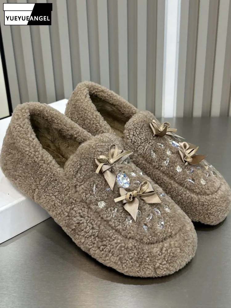 

Зимняя женская теплая шерстяная обувь, лоферы без шнуровки с милым бантом и бриллиантами, повседневная обувь на плоской подошве с флисовой подкладкой, удобная обувь с круглым носком