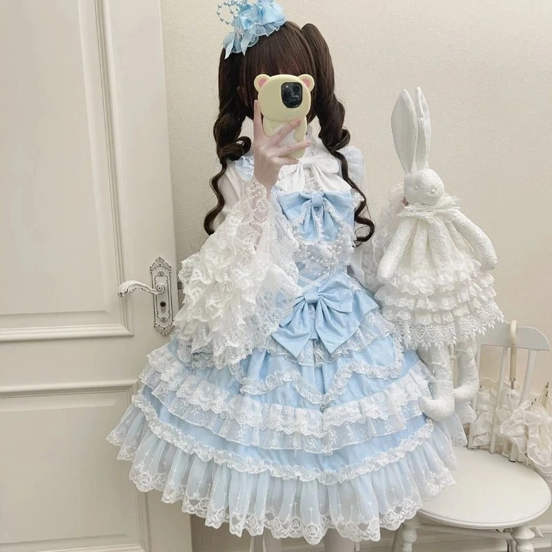 

Lolita Japanese Full Length Sleeve Dress Knee-Length Women Elegant Lace Bow Patchwork Kawaii Ball Gown Sweet Y2k All Season