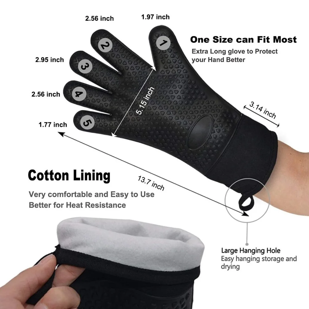 Long Thick Silicone Gloves Heat-resistant Non-slip Microwave Oven Mitts Kitchen BBQ Baking Cooking Canvas Stitching  Oven Gloves