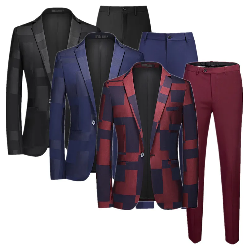 

New Arrival Men Business Suit 2 Piece Black / Blue / Wine Red Fashion Male Prom Party Blazers and Pure Color Pants Size 6XL-S