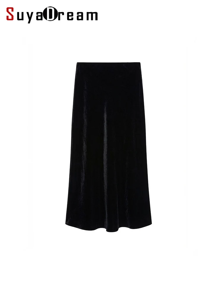 SuyaDream Women Long Velvet Skirt, 100%Real Silk, Calf-length, Mermaid Skirts, 2026 Spring Summer Chic Bottoms, Black