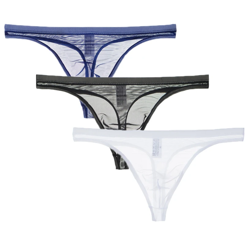 Ropa interior Sexy para hombre, Bikini de gasa de malla transparente, Tanga sólida, bragas ultrafinas con parte trasera en T, 3 uds./lote