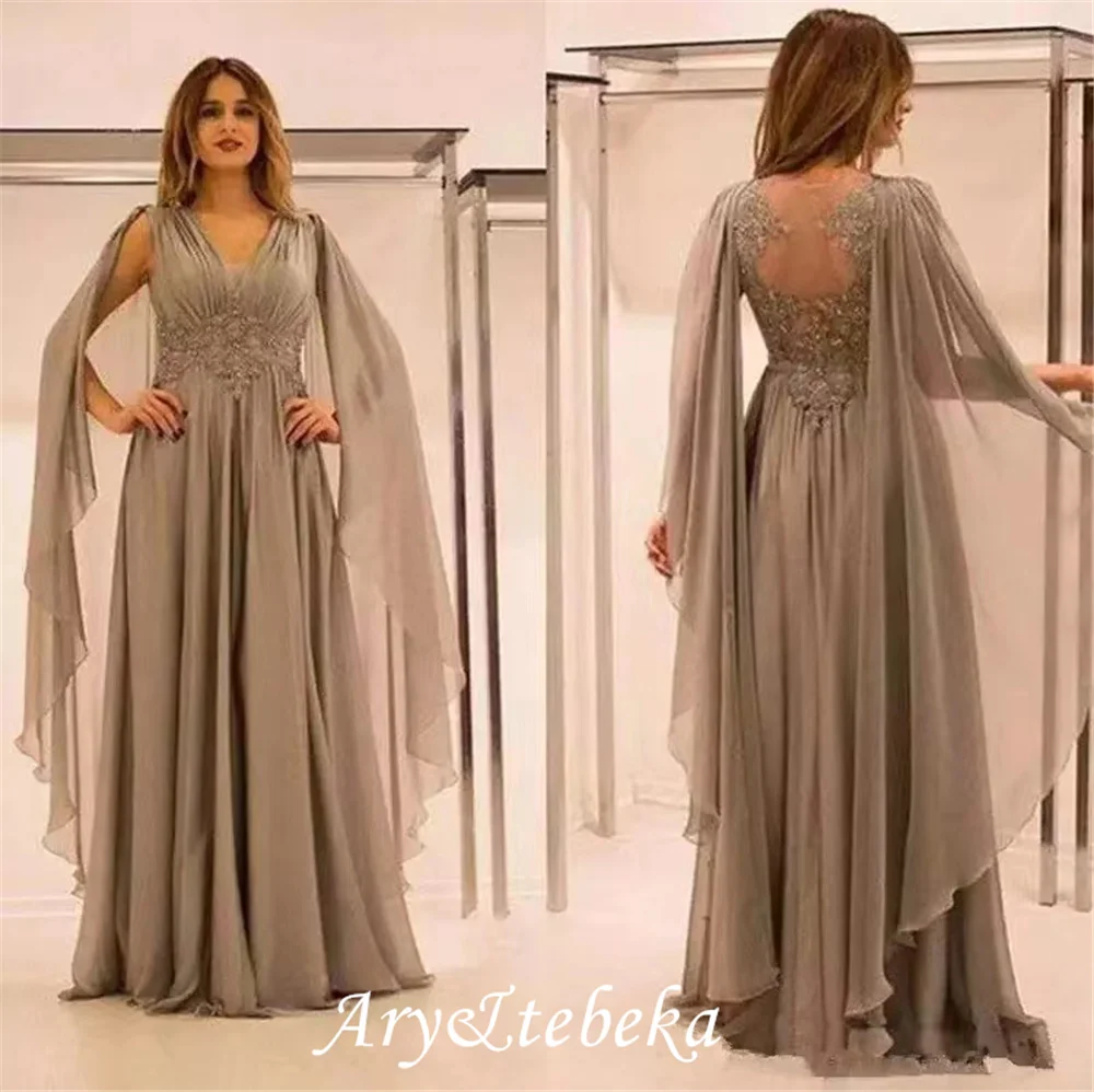 Elegant Grijs Lange Avondjurken Cape Mouwen Nieuwe Chiffon Kant Applicaties Sexy Back Prom Partij Jassen Robe De Bal Hot