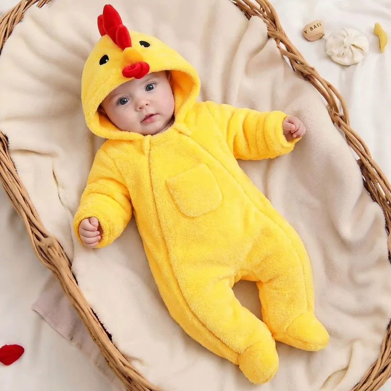 Zip Up Hooded Chick Romper with Pocket Fluffy Yellow Baby Bodysuit Infant Toddler One Piece Jumpsuit Animal Costume Outfit