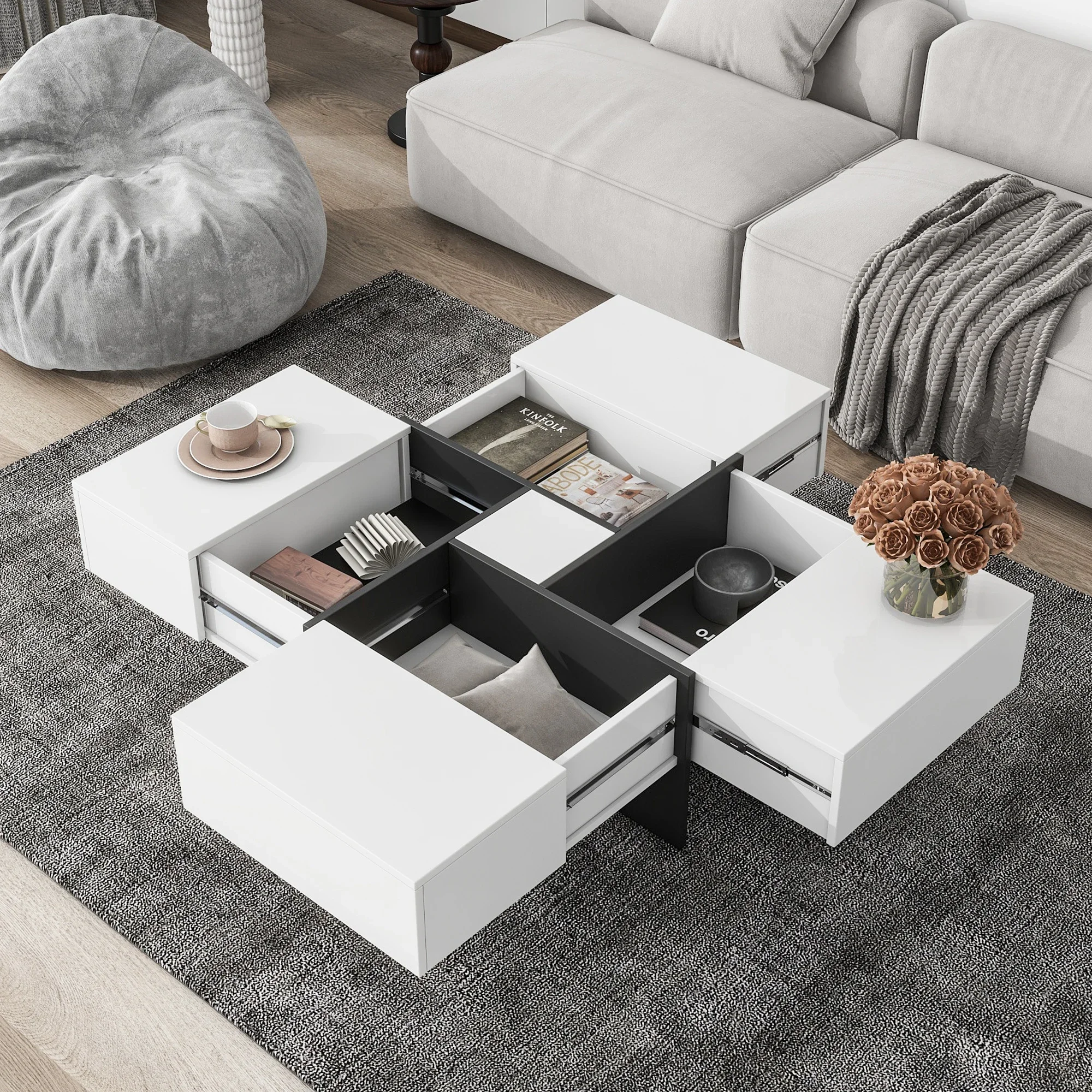 Unique Design Coffee Table W/4 Hidden Storage Compartments&Extendable Sliding Tabletop High-Gloss Square Center Cocktail Table