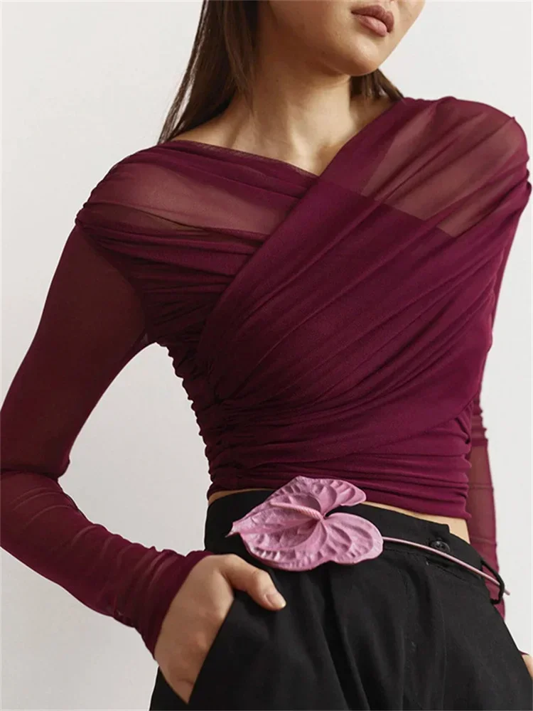 

Mesh Patchwork V-Neck T-shirt Top Female Solid Long Sleeve Fashion Cropped Y2k Tee Pullover Inner Women's Sexy Top Autumn
