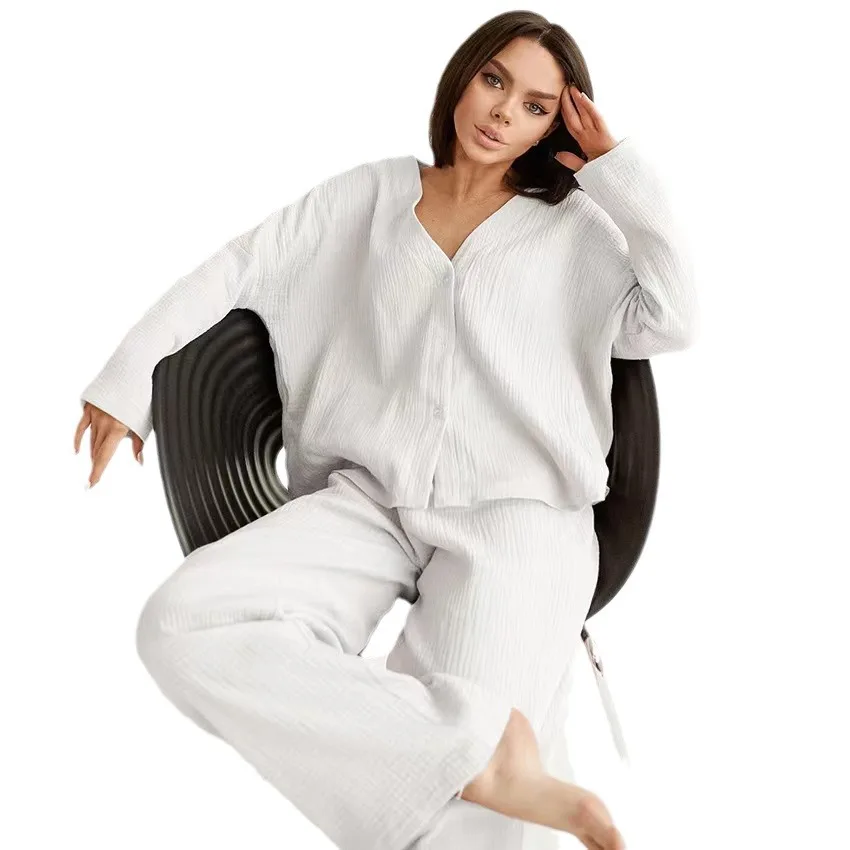 Ensemble deux pièces pour femmes, vêtements 100% coton, chemise à manches longues, pantalon Long, élastique, taille haute, pyjama décontracté