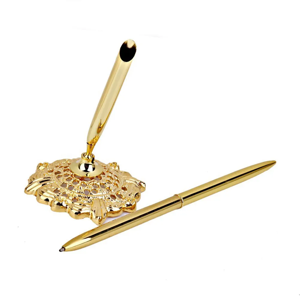 Golden Signing Pen 16Cm Alloy Hollow Round Base Rotating 360 Degrees Perfect for Wedding Bridal Engagement Guest Book Signing
