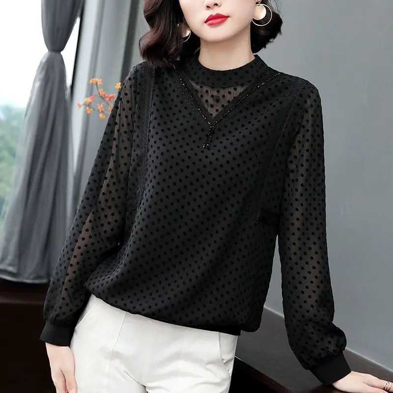 

Commute Polka Dot Printed Blouse Fashion Beading Tassel Women's Clothing Lace Spliced Spring Autumn Stand Collar Shirt JJ118