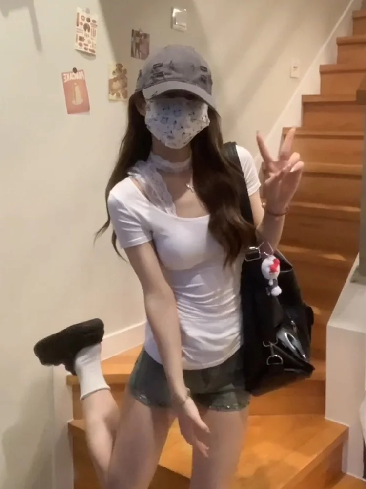 الرغبة النقية الدانتيل تصميم ort Sve تي شيرت المرأة الصيف سليم صالح U-Ne معلقة Ne قميص أبيض Ele Faionable التخسيس